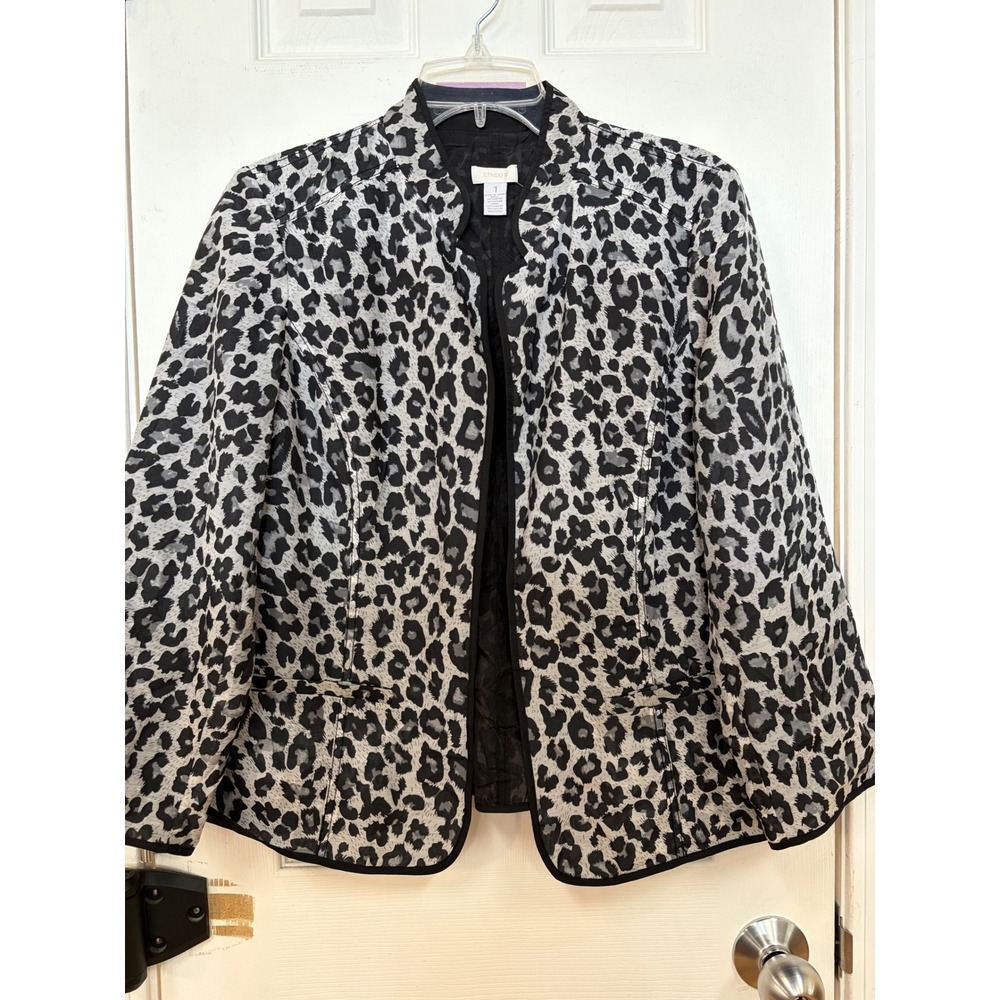 Chicos Leopard Print Open Front Jacket Grey Black Animal Print Blazer Size 1 M